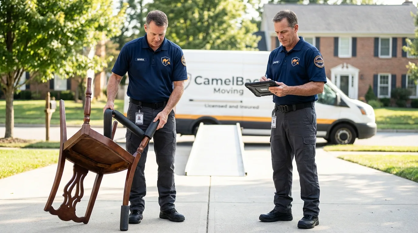 Movers inspecting furniture for damage prevention before loading in Spindale, NC