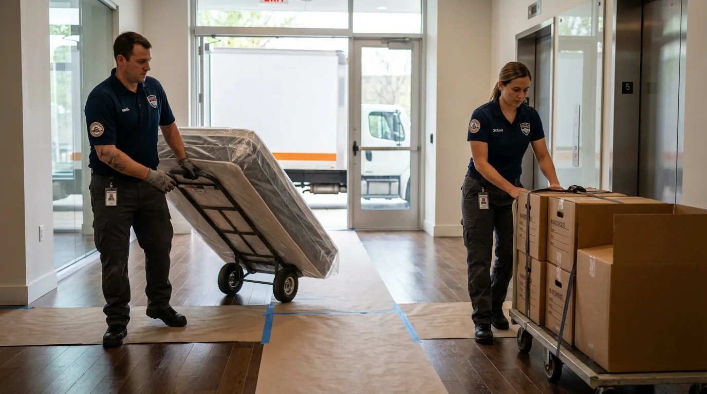 Professional apartment movers loading elevator in Spindale, NC