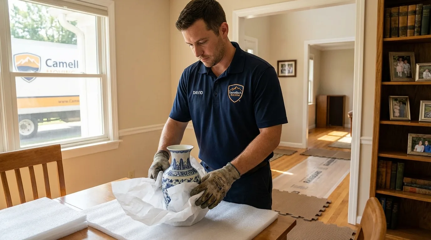 Professional crew carefully wrapping antique vase for senior downsizing move in Spindale, NC