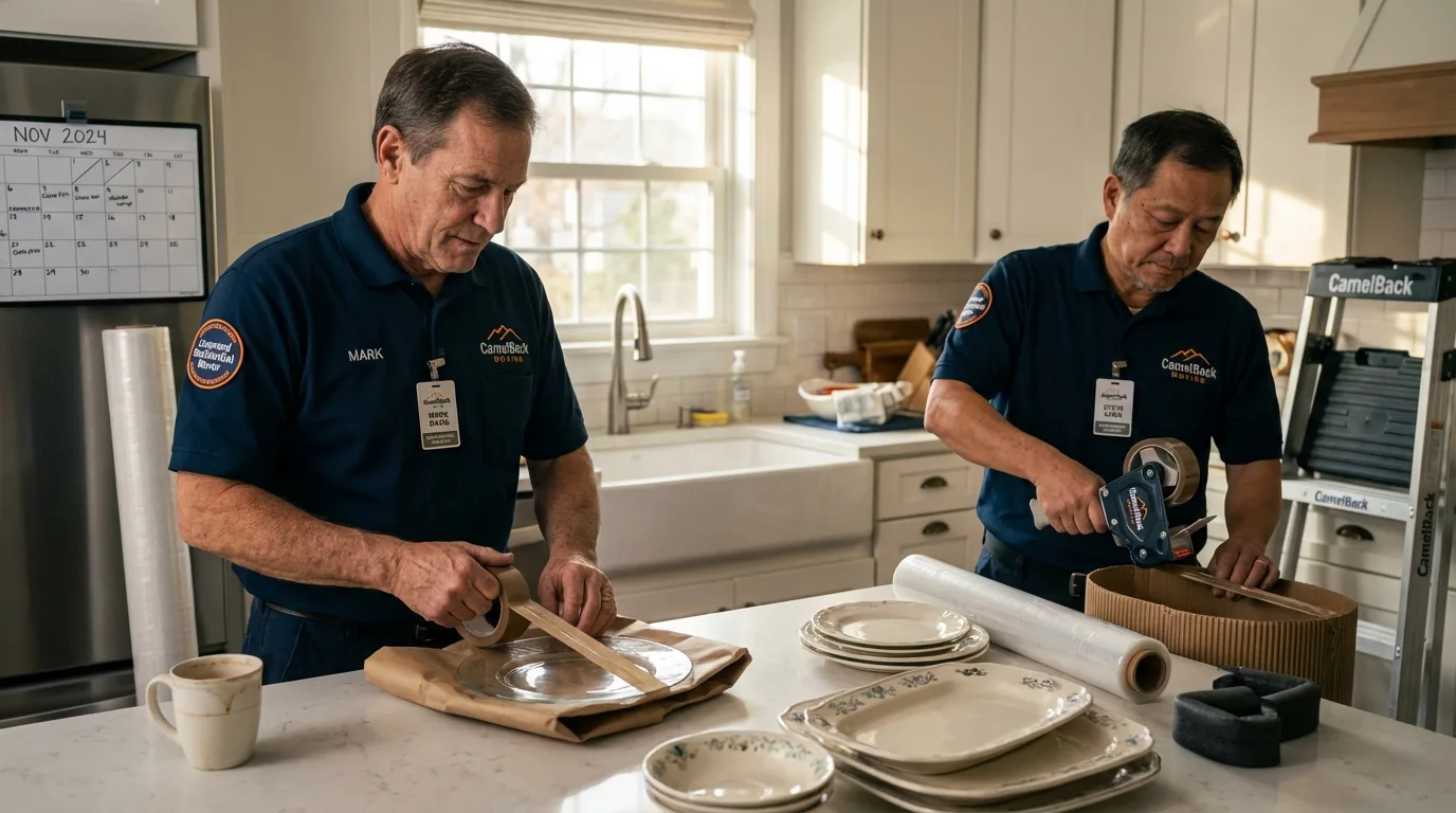 Professional crew packing kitchen dishware in Spindale, NC